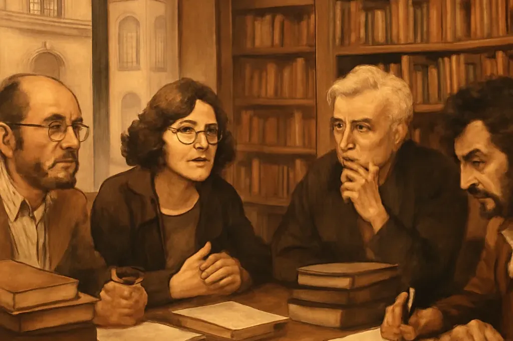 Groupe d'écrivains autour d'une table lors d'une rencontre littéraire dans une librairie parisienne, livres empilés, ambiance intellectuelle.