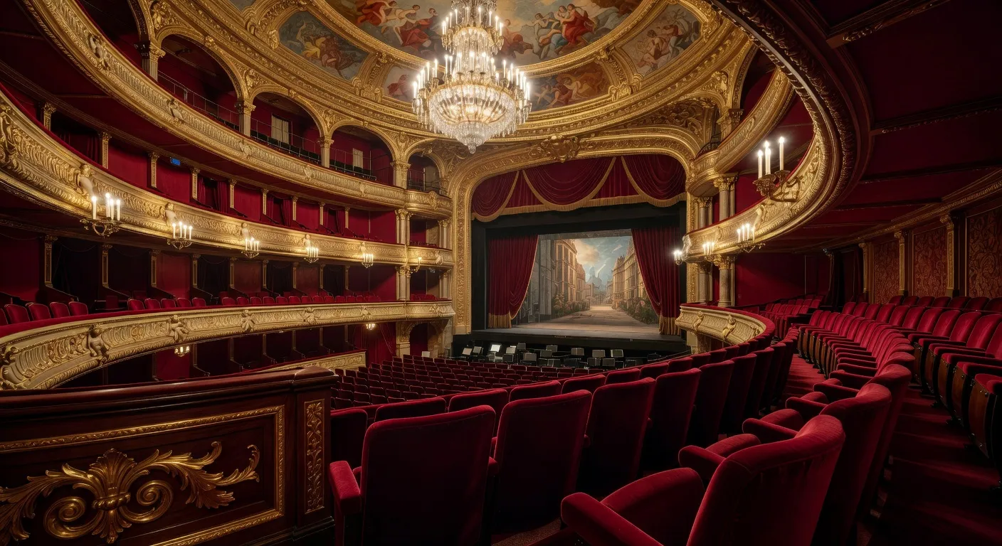 Salle de l'Opéra de Paris vue depuis les loges, dorures et lustres, scène illuminée, atmosphère lyrique du XIX° siècle