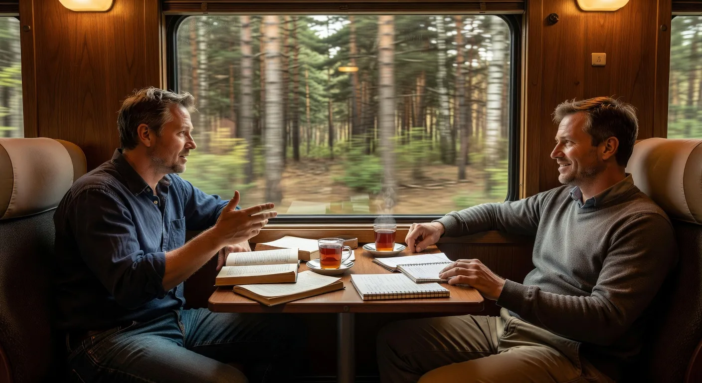 Compartiment de train, écrivains en discussion devant un samovar et des livres