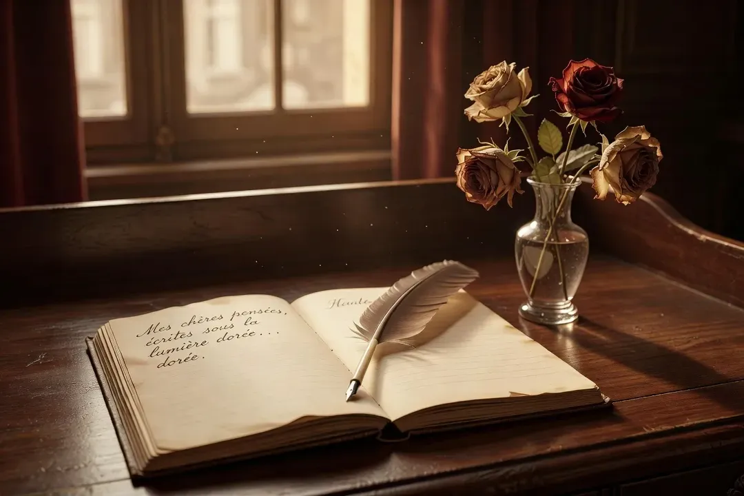 Table d'écriture ancienne avec carnet manuscrit, plume et roses fanées, lumière douce d'un salon littéraire parisien du début du XXe siècle