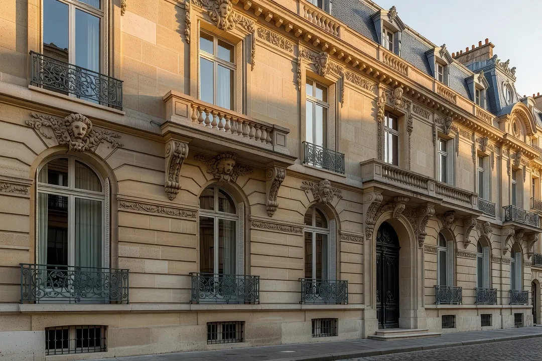 Façade d'un hôtel particulier parisien de style éclectique Belle Époque en pierre de taille avec ornements sculptés et grandes fenêtres, lumière dorée de fin de journée dans le 16e arrondissement.