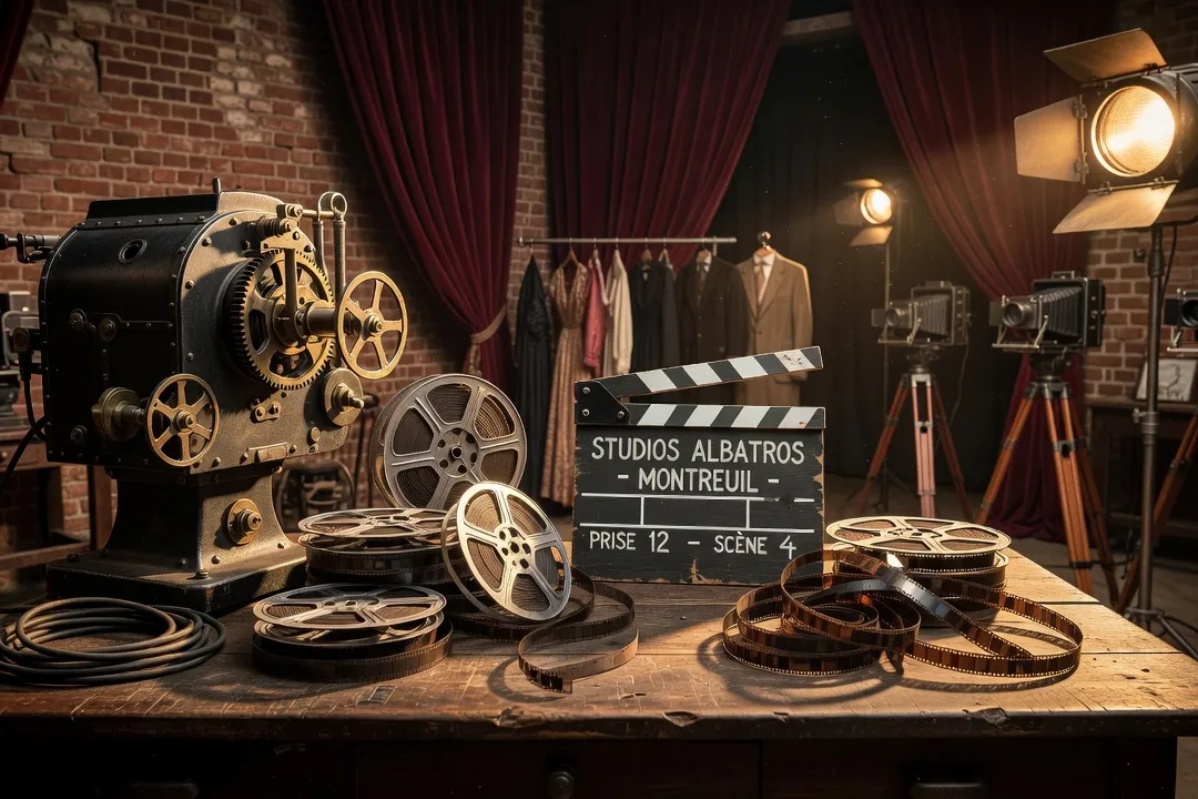 Projecteur de cinéma d'époque et bobines de pellicule argentique dans un studio parisien à l'ambiance Belle Époque du cinéma muet, lumière chaude et dramatique.