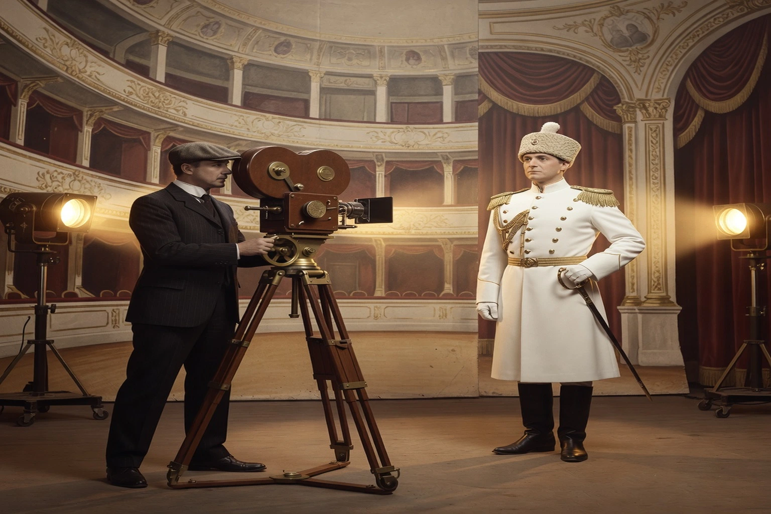 Plateau de cinéma muet français dans les années 1920, caméraman devant une caméra Debrie et acteur en uniforme tsariste devant un décor peint, tons ivoire, bordeaux et or.