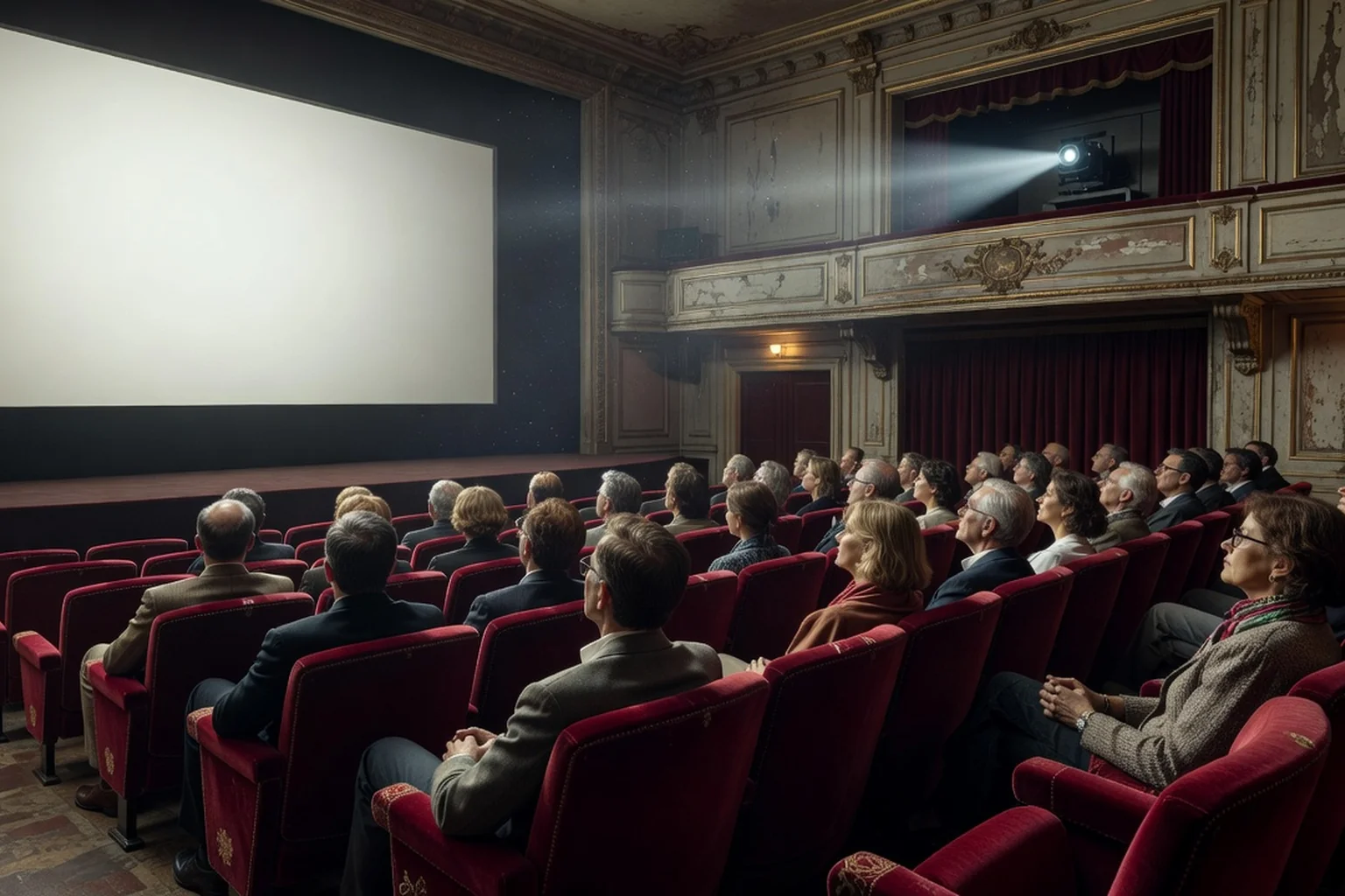 Salle de cinéma d'art et essai parisienne pendant une avant-première, écran lumineux et silhouettes de spectateurs, palette ivoire bordeaux et or.