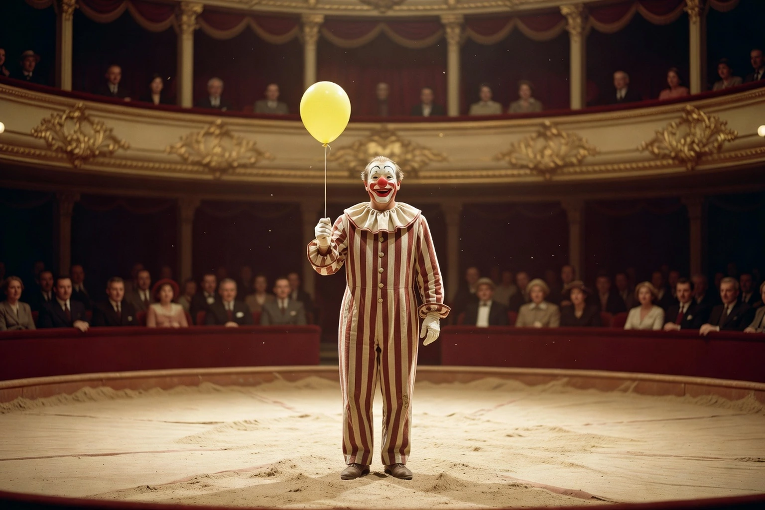 Clown en costume rayé bordeaux et crème tenant un ballon jaune sous les dorures d'un théâtre parisien, la piste en contrebas et le public dans la pénombre.
