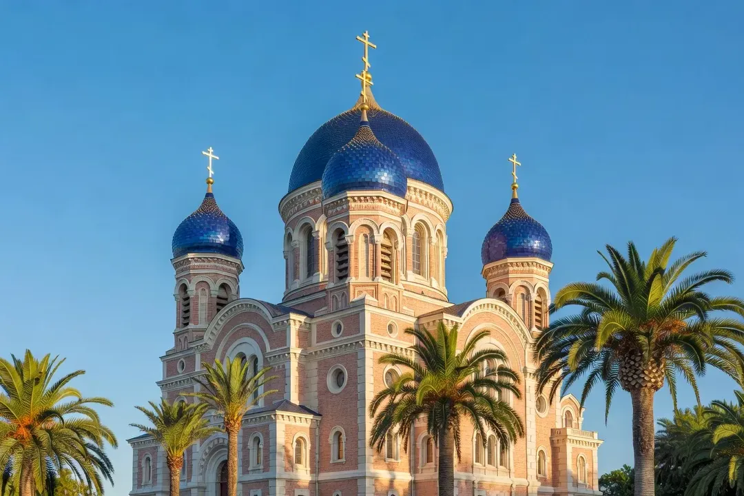 Vue de la cathédrale orthodoxe Saint-Nicolas de Nice avec ses coupoles bleues et dorées entourée de palmiers