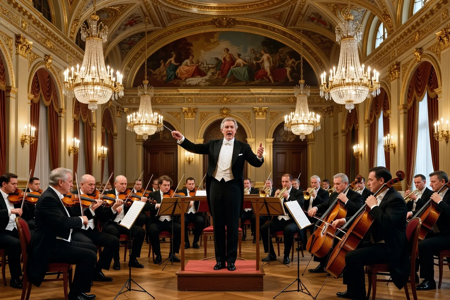 Salle de concert impériale russe du XIXe siècle avec orchestre en répétition, dorures et velours rouge