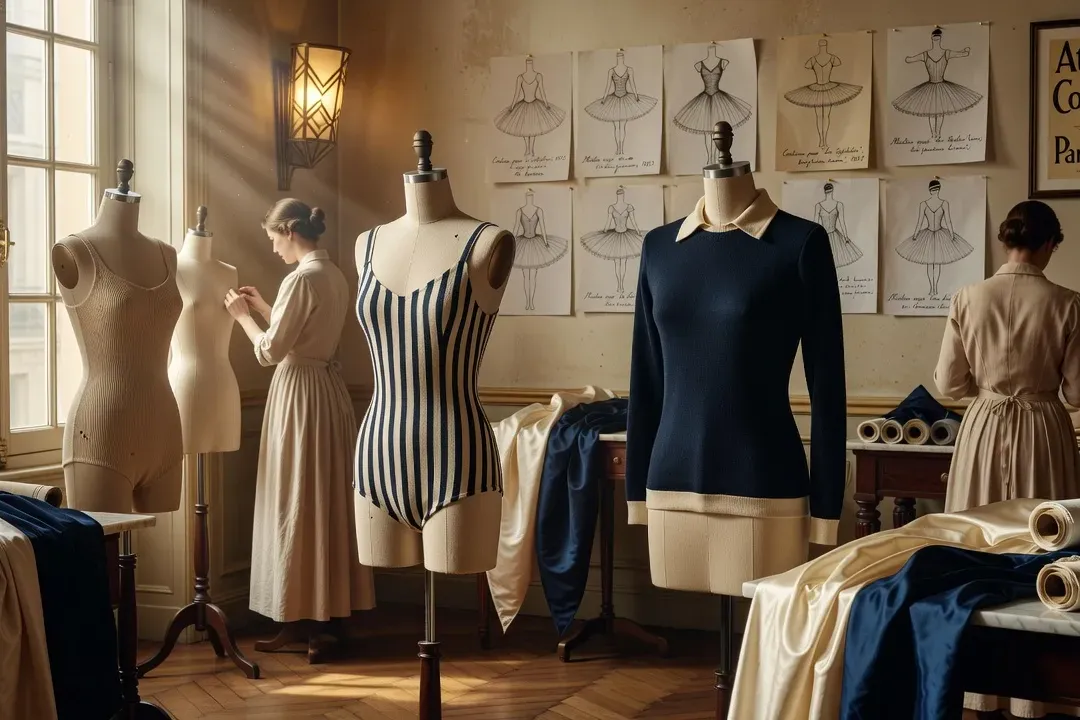 Atelier de couture parisien des années 1920 avec des costumes de scène inspirés des Ballets russes, tissus et croquis de costumes