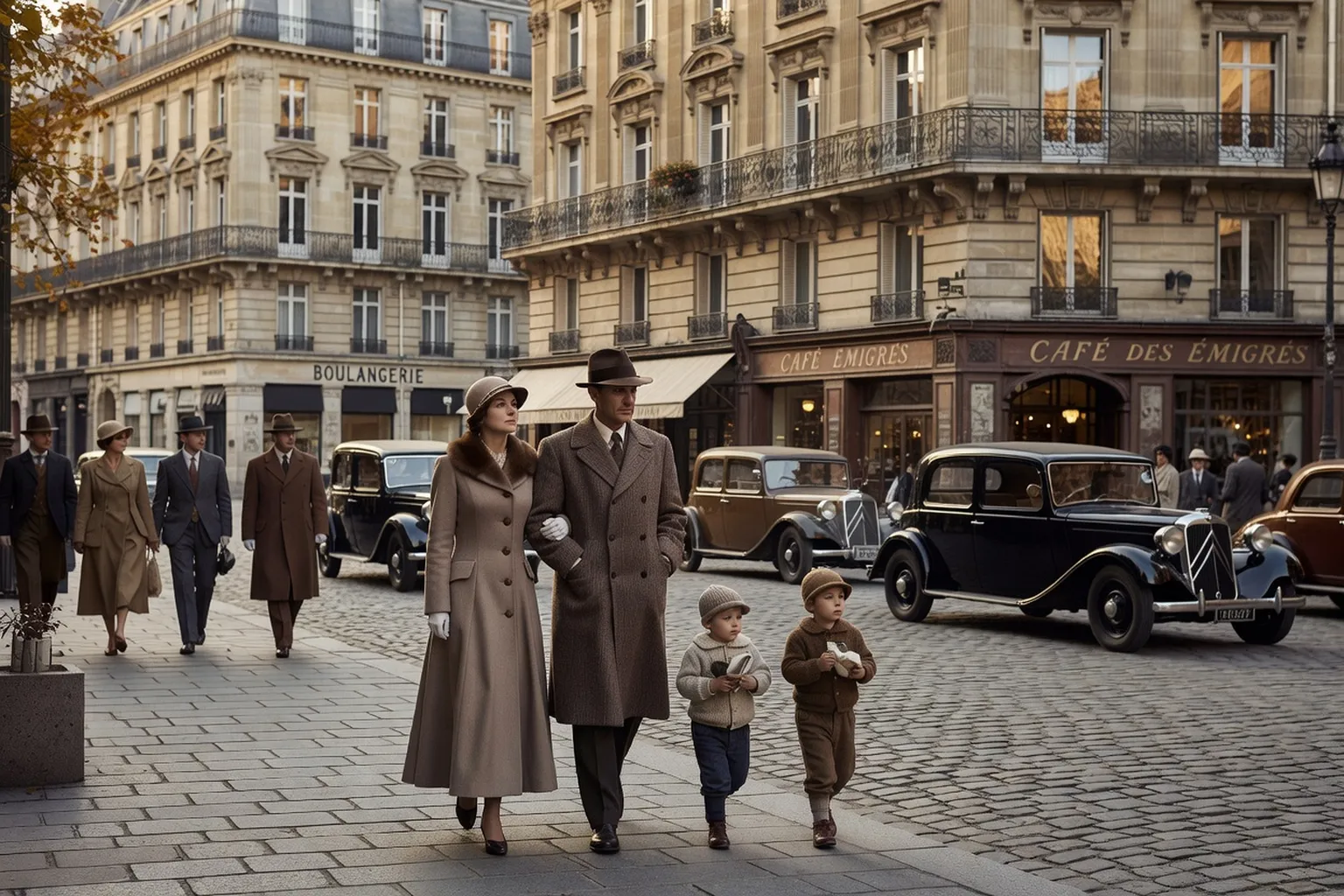 Chauffeur de taxi russe blanc devant un immeuble parisien haussmannien, années 1920, ambiance photo d'époque en noir et blanc