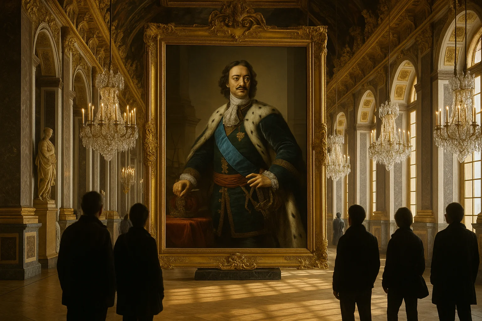 Salle d'exposition au château de Versailles avec portraits du tsar Pierre le Grand et objets russes du XVIIIe siècle.