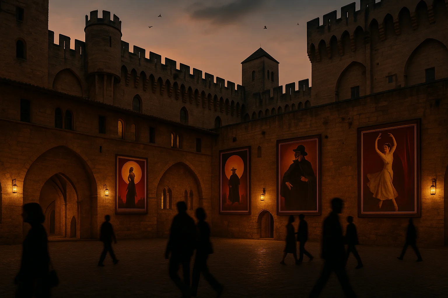 Cour d'honneur du Palais des papes à Avignon, affiches de festival et silhouette de spectateurs au crépuscule.