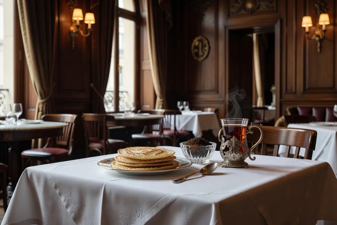 Table dressée à la russe dans un restaurant parisien historique avec blinis, caviar et thé servi dans un verre à porte-verre en métal ouvragé (podstakannik), nappe blanche, ambiance chaleureuse.