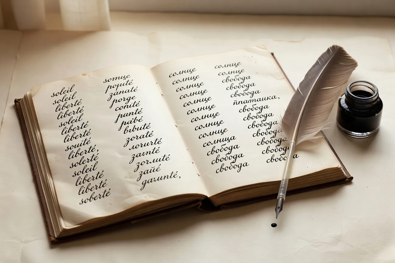 Livre de vocabulaire ouvert avec mots français et cyrilliques entrelacés