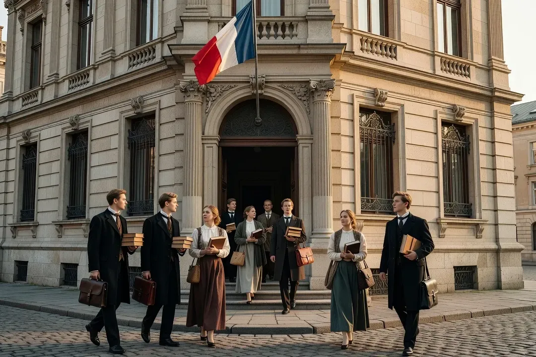 Façade d'un institut culturel franco-russe avec drapeaux et étudiants entrant dans le bâtiment