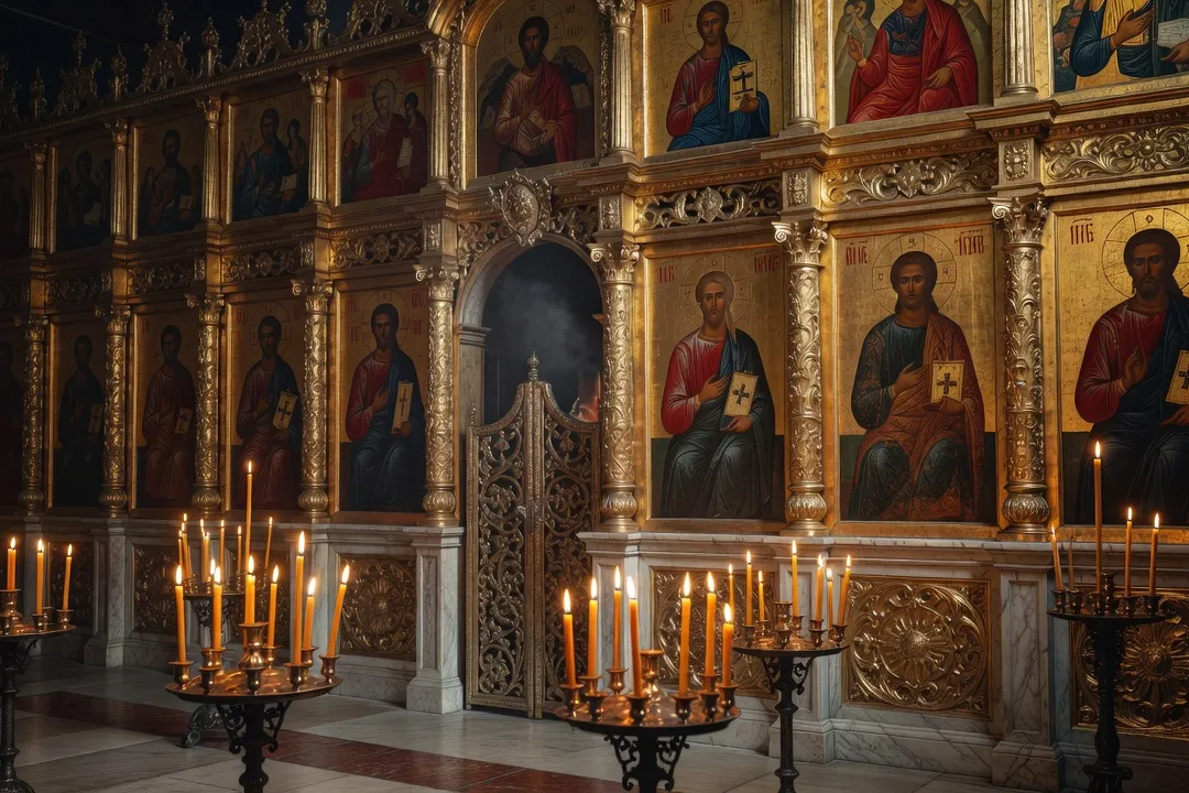 Intérieur de chapelle orthodoxe russe en France avec iconostase dorée, icônes traditionnelles et cierges allumés, lumière tamisée et atmosphère de recueillement.