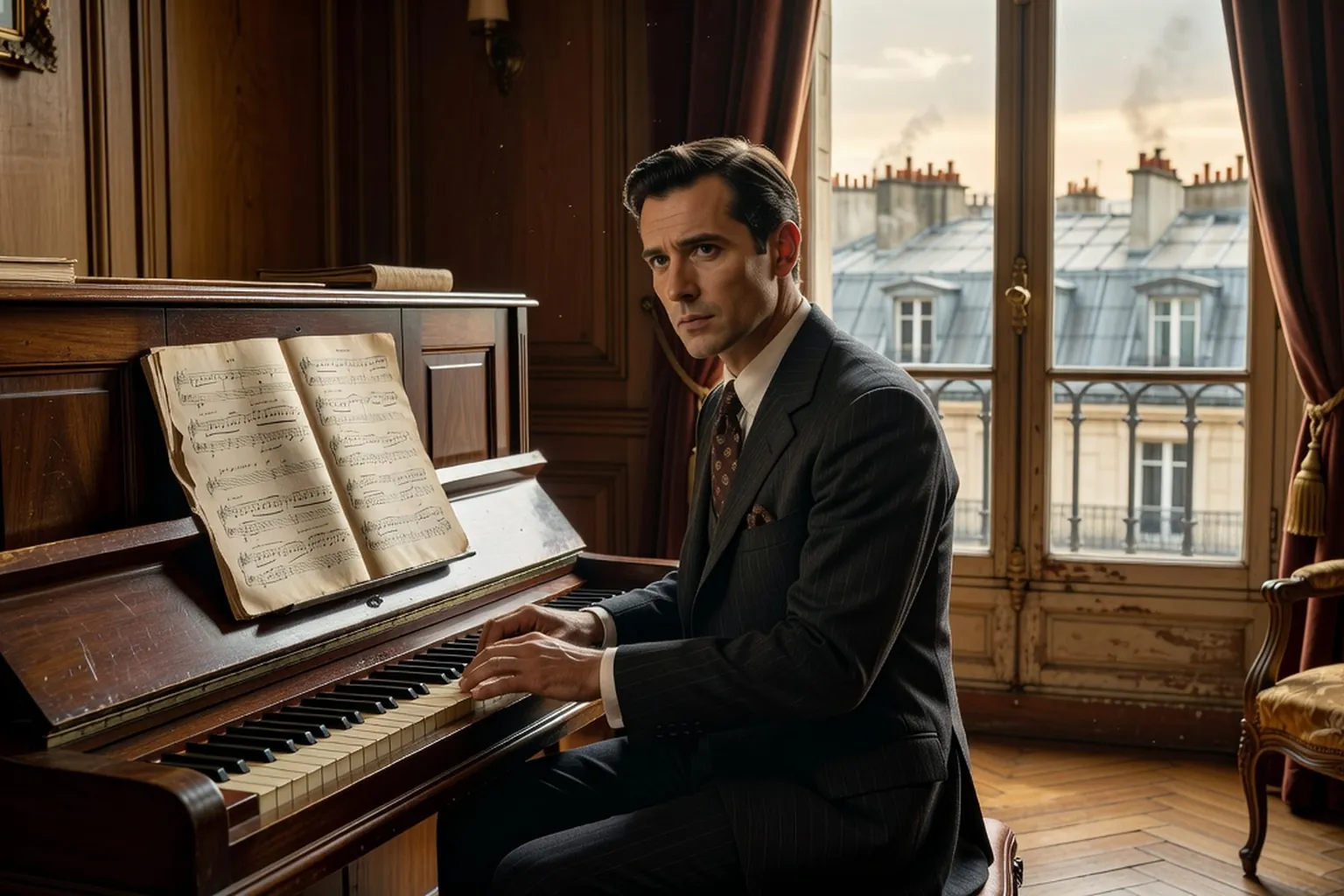 Compositeur russe en costume sombre assis au piano droit dans un appartement parisien des années 1930, partitions ouvertes et fenêtre donnant sur les toits de Paris.
