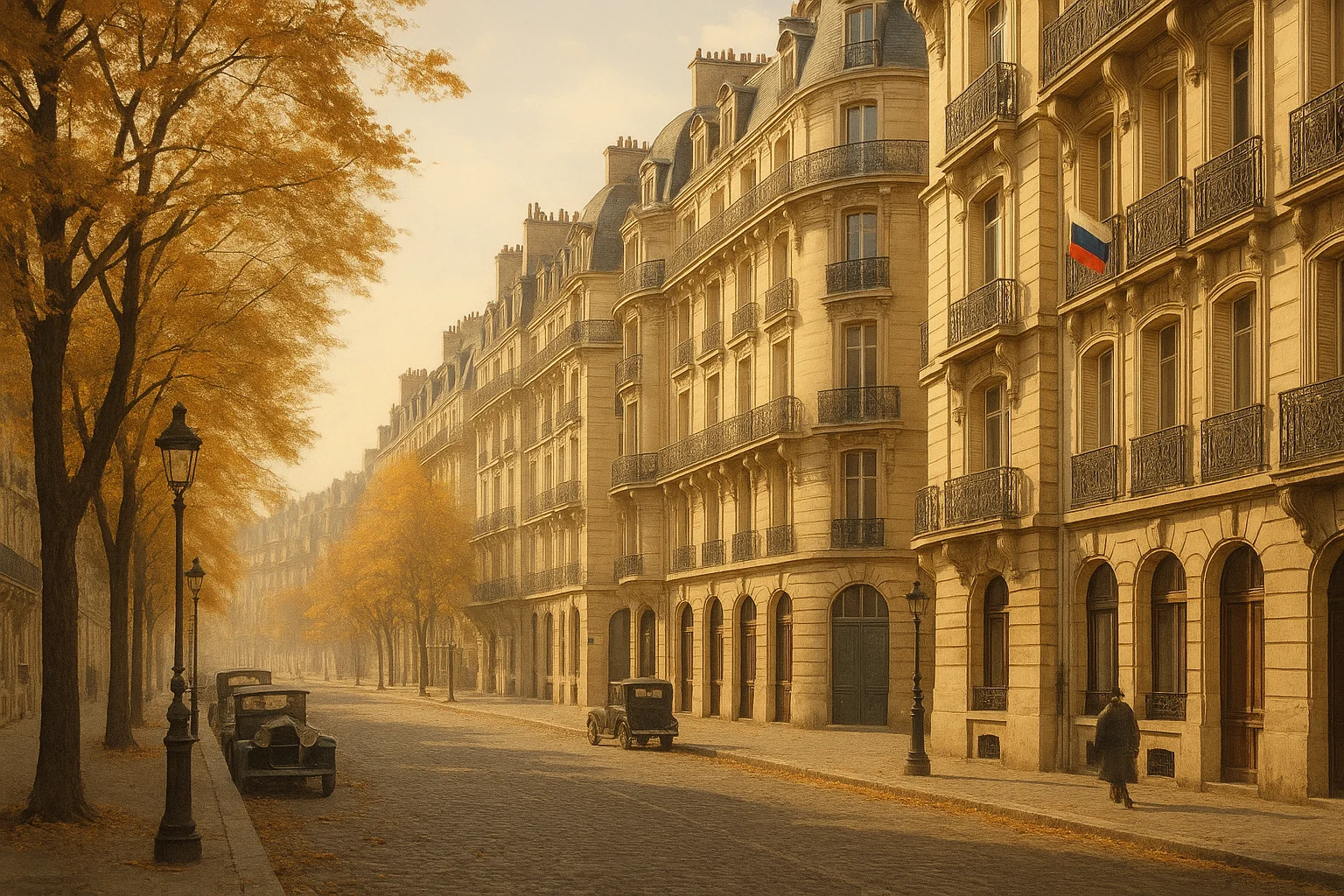 Rue parisienne du quartier de Passy avec façades haussmanniennes et drapeau russe à une fenêtre, ambiance historique du XXe siècle.