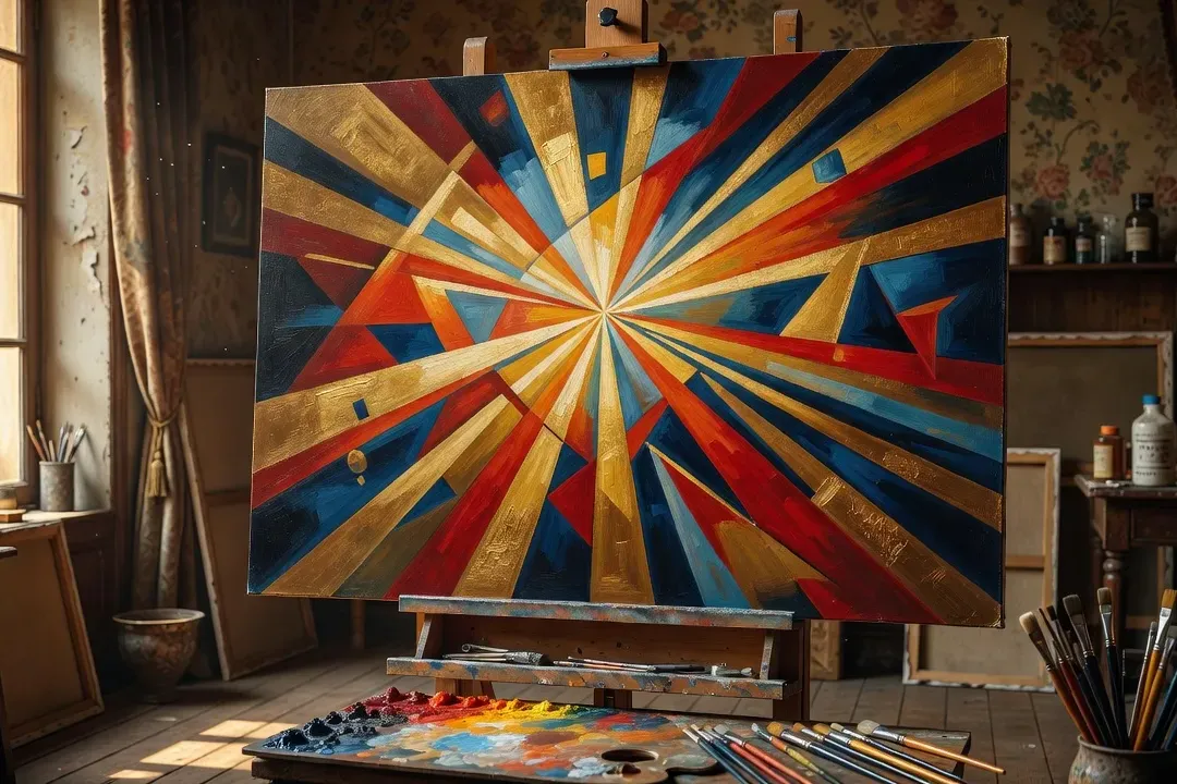 Toile rayonniste abstraite aux faisceaux lumineux colorés évoquant le style de Mikhaïl Larionov, atelier parisien du début du XXe siècle