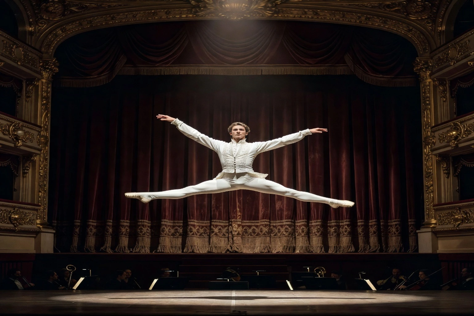 Danseur étoile en costume blanc de dos sur une scène d'opéra à l'italienne au rideau bordeaux et aux dorures, éclairé par un halo de projecteur.