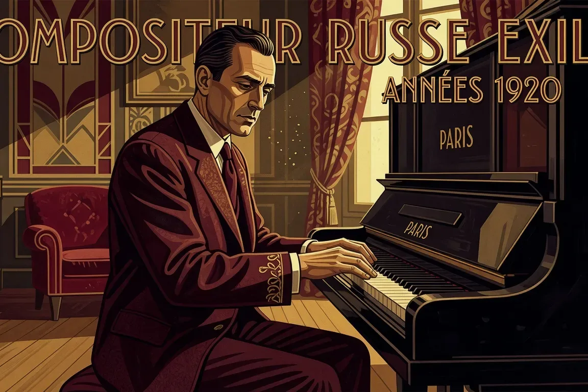 Portrait d'Igor Stravinsky au piano, Paris années 1920, style photo en noir et blanc