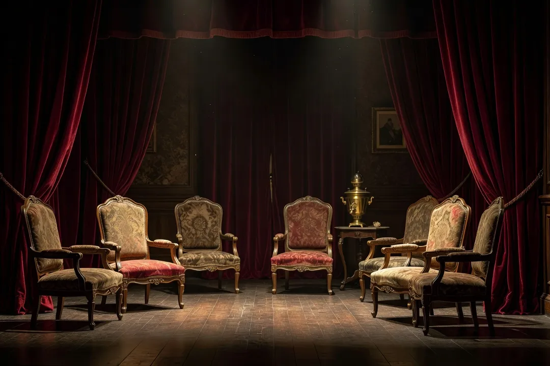Scène de théâtre classique française avec rideaux de velours rouge, éclairage dramatique et décor évoquant une pièce de Tchekhov, intérieur bourgeois du XIXe siècle avec fauteuils et samovar en arrière-plan.