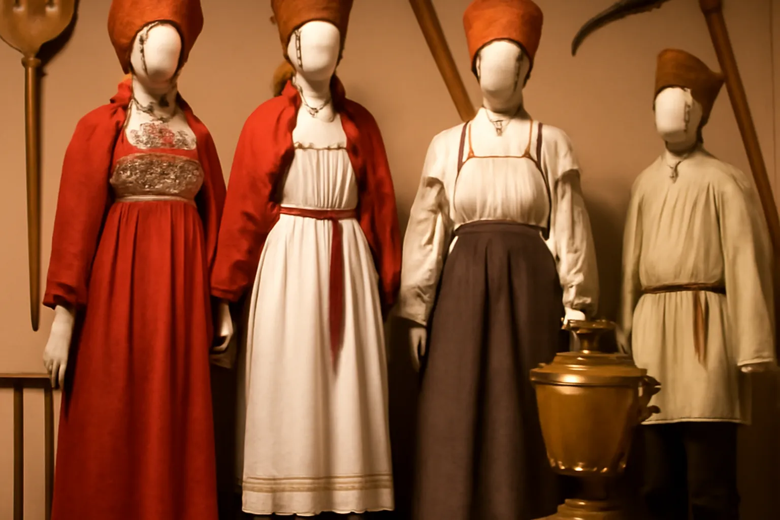 Costumes traditionnels russes du XIXe siecle, broderies, objets en bois sculpte, vitrine museographique.