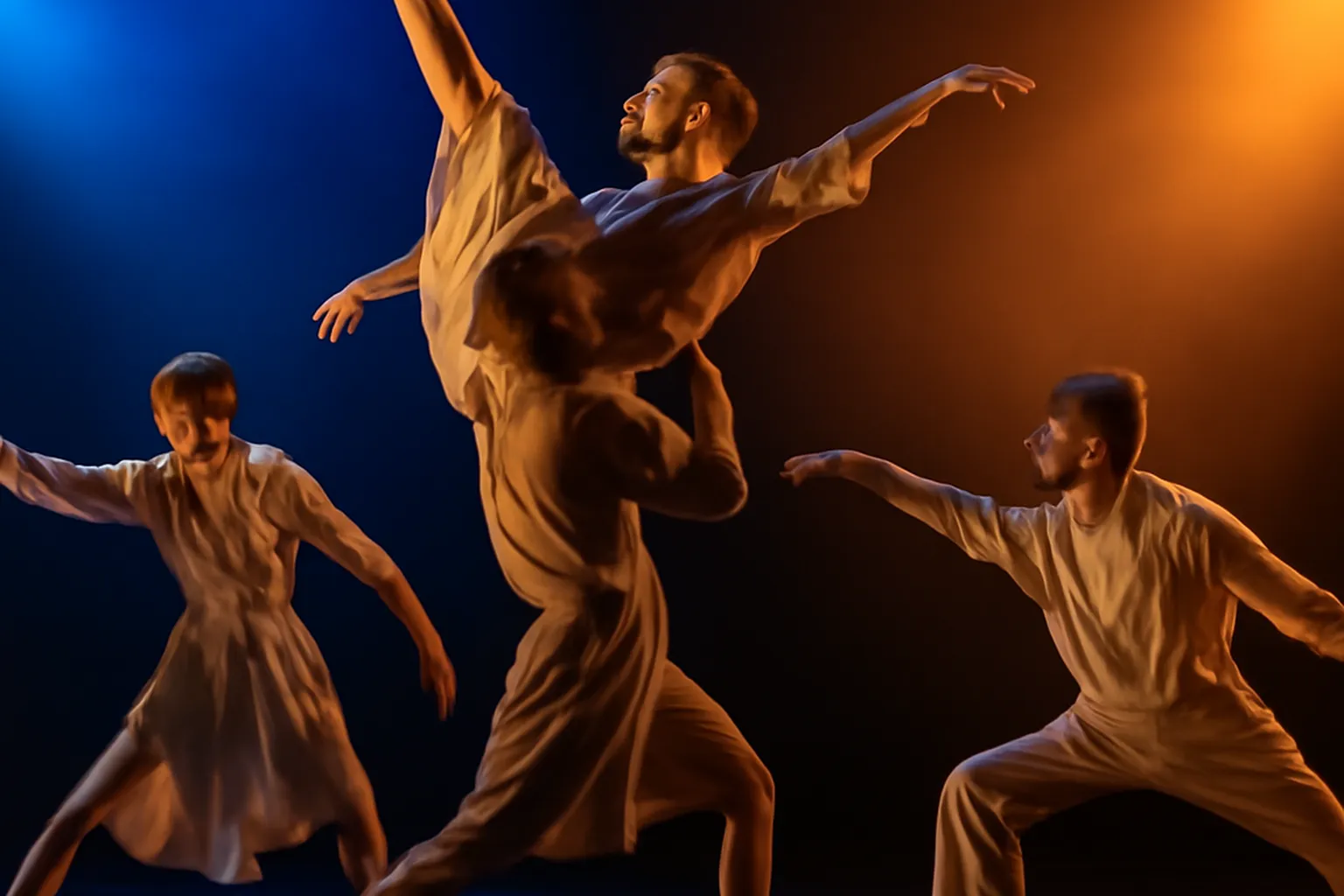 Scene de ballet contemporain avec lumieres stroboscopiques, danseurs en costume ascetique, musique electronique visible par des synthetiseurs.