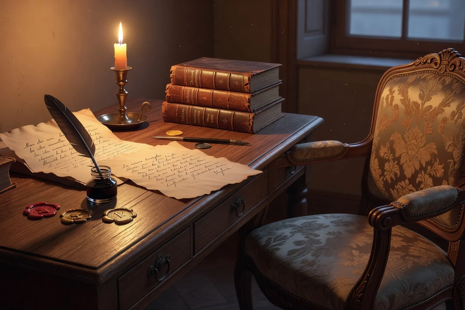 Bureau d'ecriture du XVIIIe siecle avec encrier, plume, lettres manuscrites ouvertes, fauteuil Louis XV.