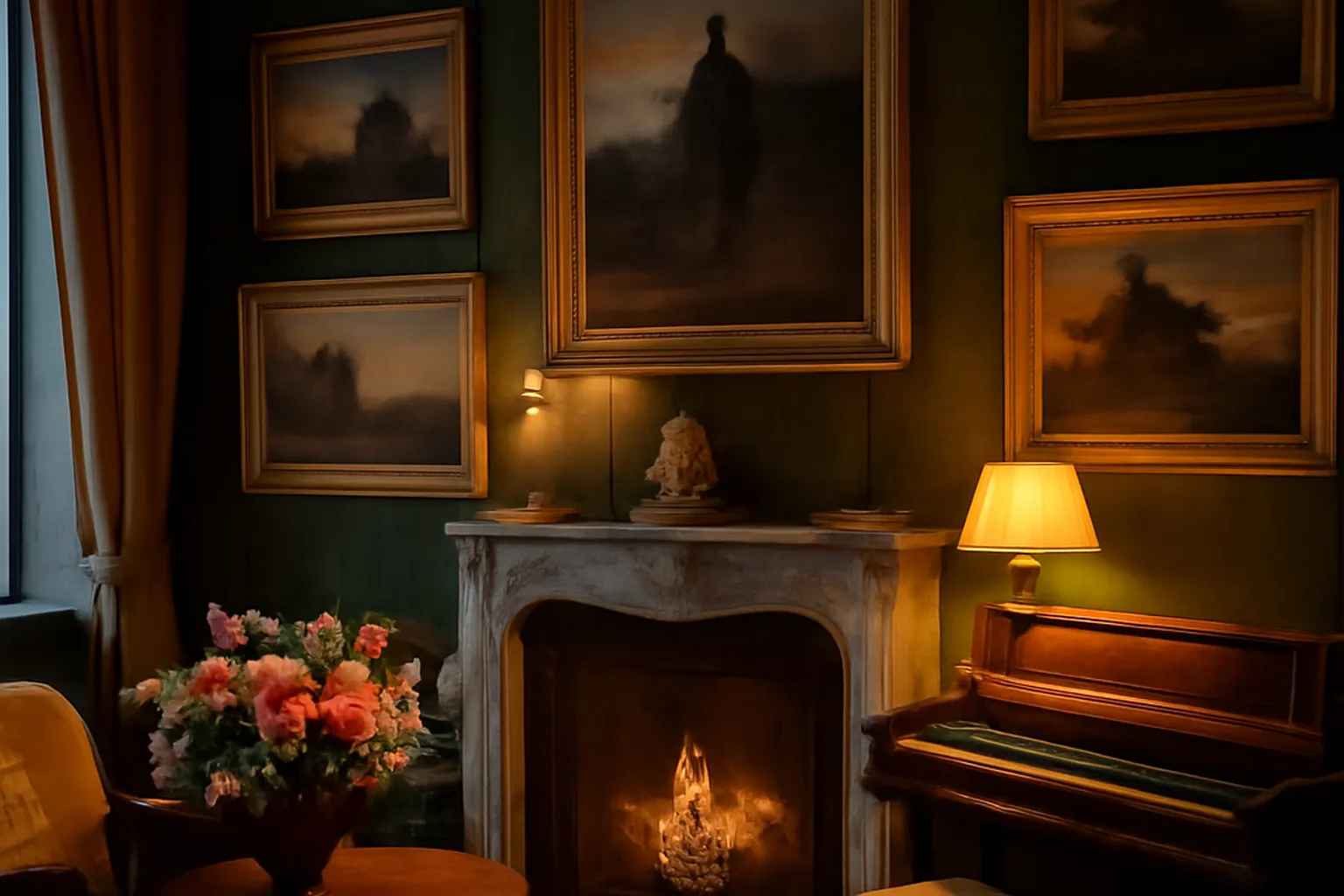 Salon romantique francais, peintures russes du XIXe siecle accrochees aux murs de velours vert, cheminee et piano-forte.