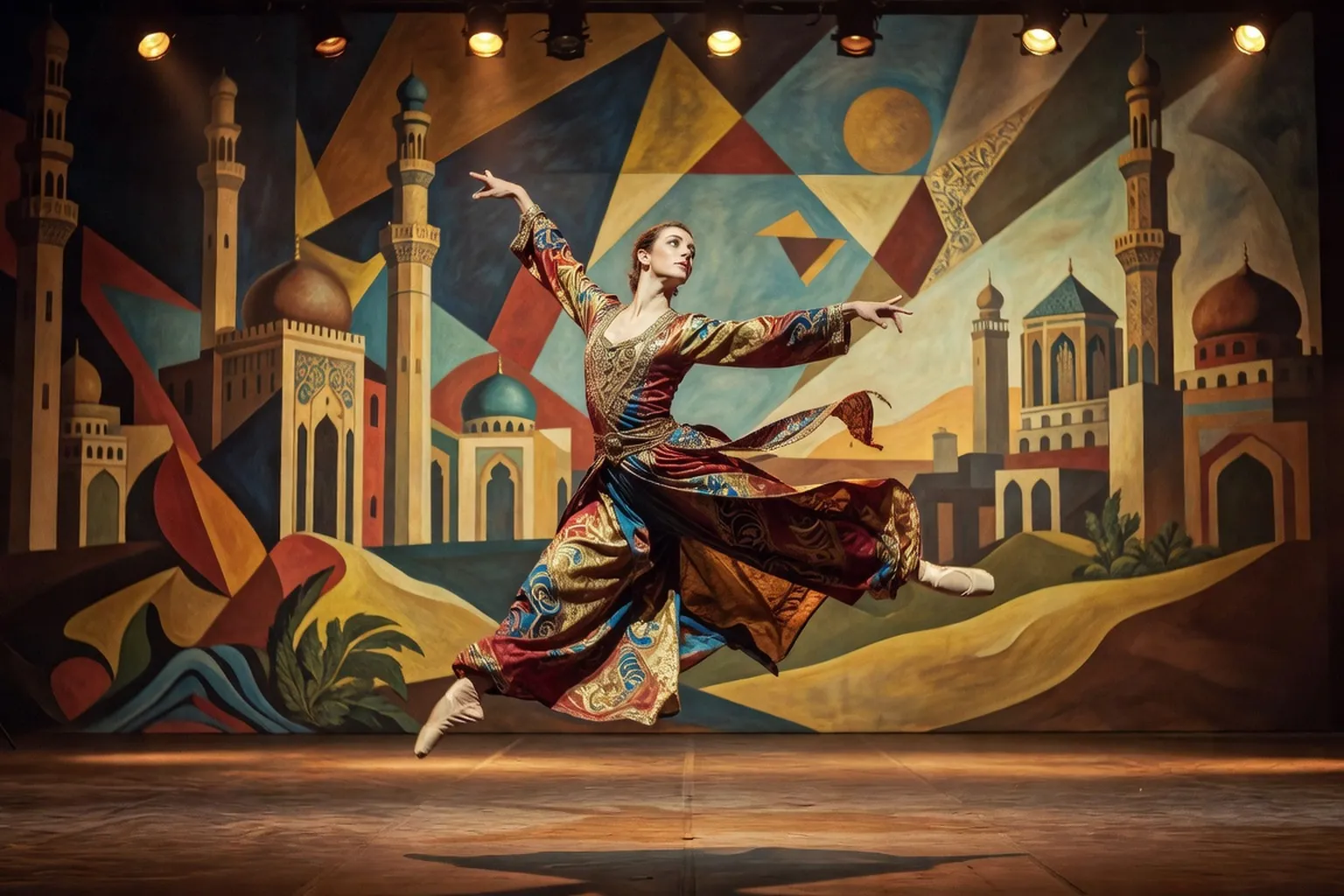 Scene du Chatelet a Paris avec danseurs russes en costume Bakst, lumiere de spot, decor orientalisant.