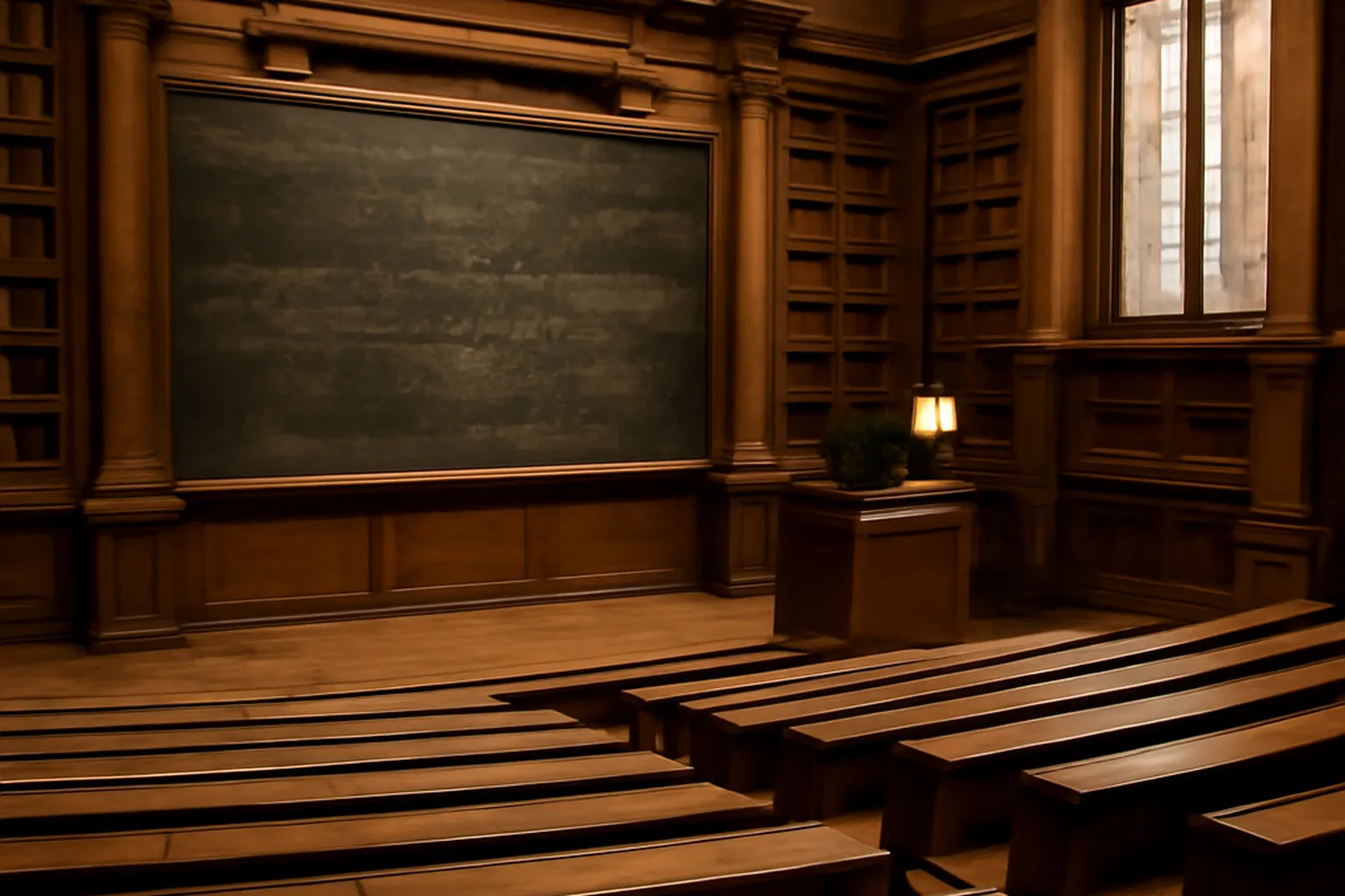 Amphitheatre universitaire parisien avec etudiants prenant des notes, bibliotheque en arriere-plan, ambiance academique feutree.