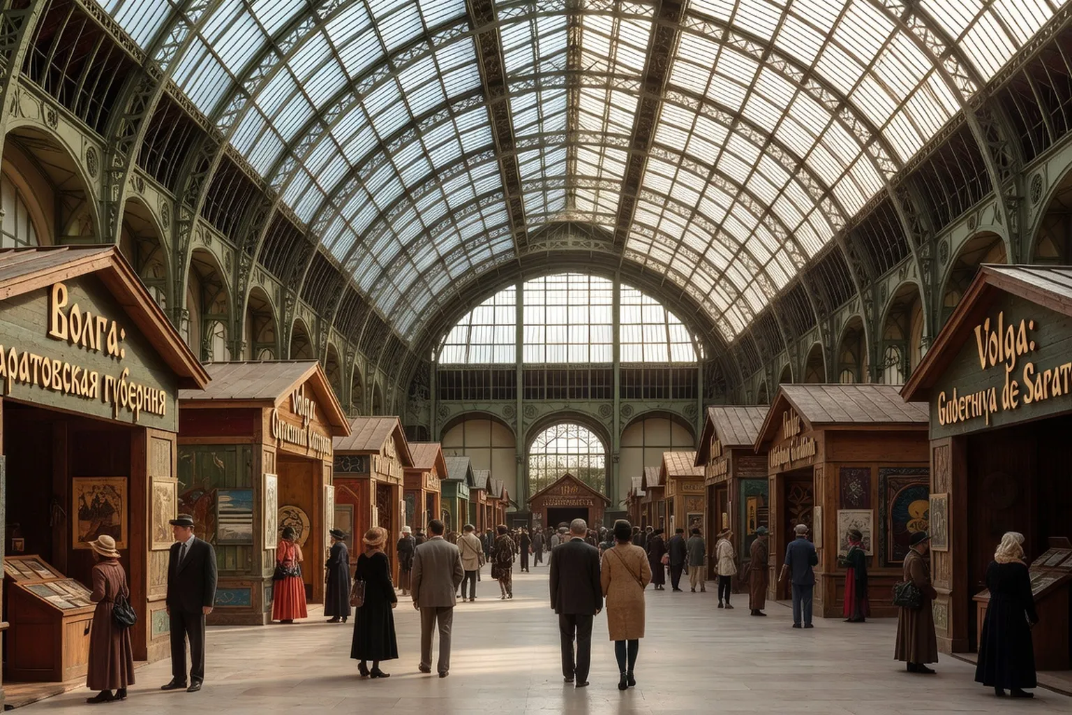 Vue de la nef du Grand Palais avec pavillons regionaux russes, drapeaux federaux, visiteurs parcourant les alinees.