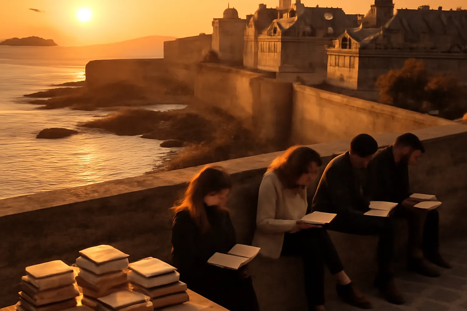 Remparts de Saint-Malo au soleil couchant, ecrivains en residence sur une terrasse, livres empiles, ambiance litteraire.