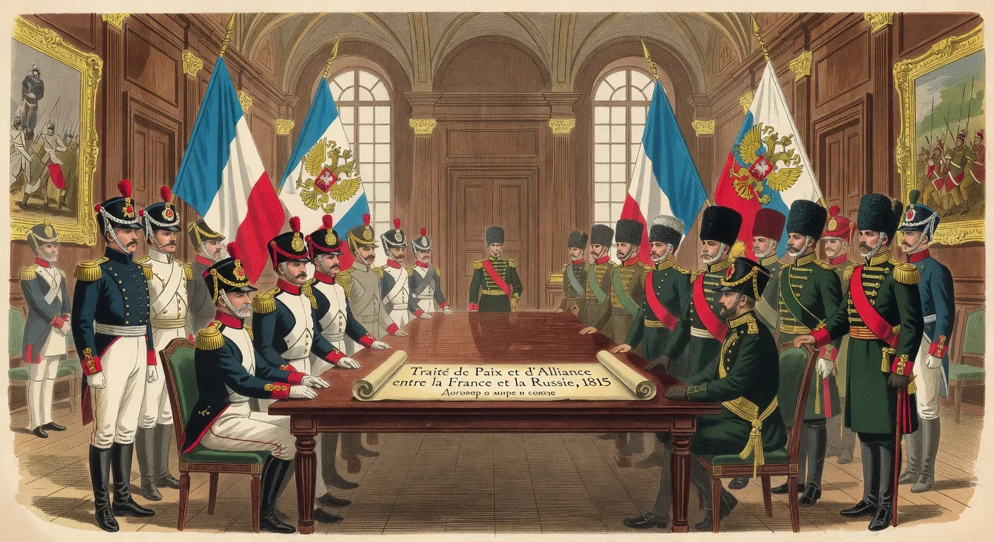 Cérémonie diplomatique du XIX° siècle entre officiers français et russes, gravure historique style Épinal, couleurs sépia et or, drapeaux tricolores et impériaux russes.