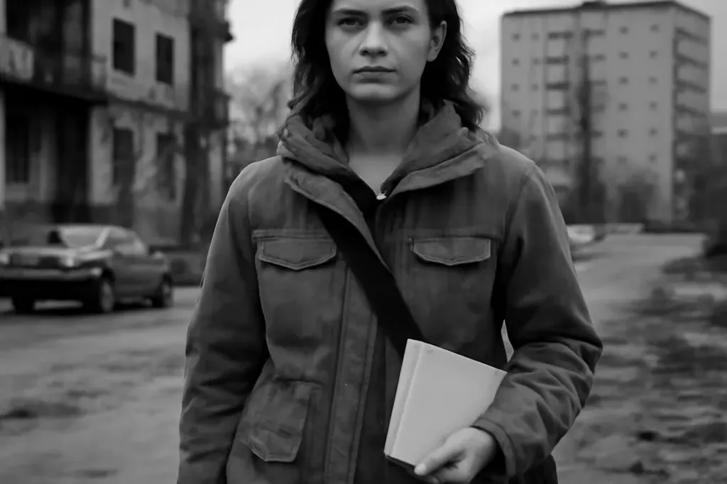 Grand reporter en terrain, femme debout dans une rue d'une ville post-soviétique, vêtements pratiques, carnet de notes à la main, photographie documentaire noir et blanc.
