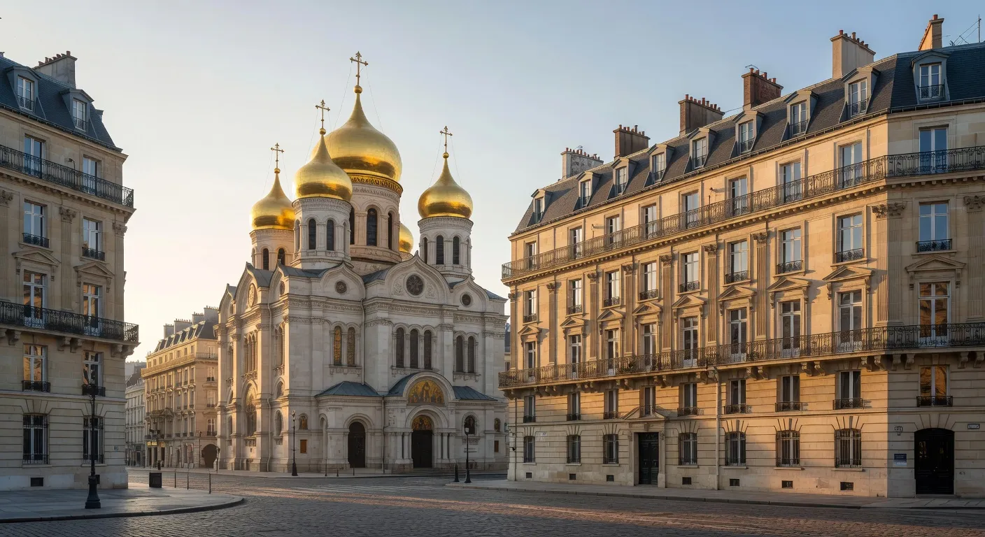 Cathédrale orthodoxe aux dômes dorés dans une rue haussmannienne de Paris, coupoles byzantines contrastant avec l'architecture Paris XIX°, lumière dorée du soir.