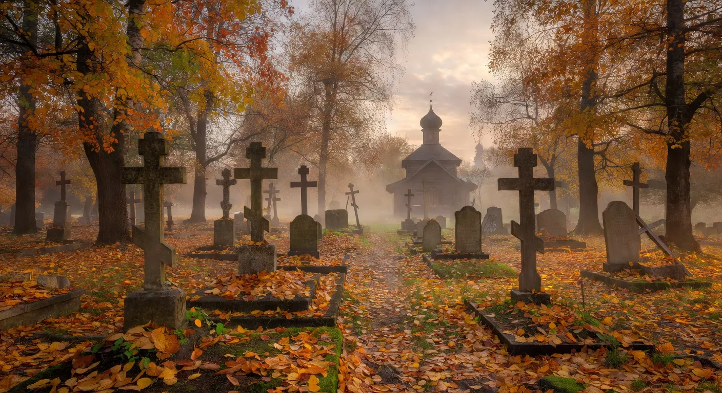 Cimetière russe de Sainte-Geneviève-des-Bois en automne, croix orthodoxes à trois barres, chapelle en bois aux bulbes dorés.
