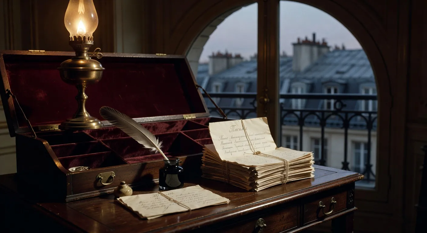 Bureau d'écrivain XIXe siècle avec lettres manuscrites en cyrillique, plume, encrier, vue floue sur les toits de Paris au crépuscule.