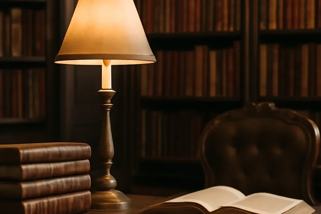 Bibliothèque ancienne avec livres reliés en cuir bordeaux et or, lumière dorée de lampe d'étude, atmosphère de salon littéraire parisien du XXe siècle.