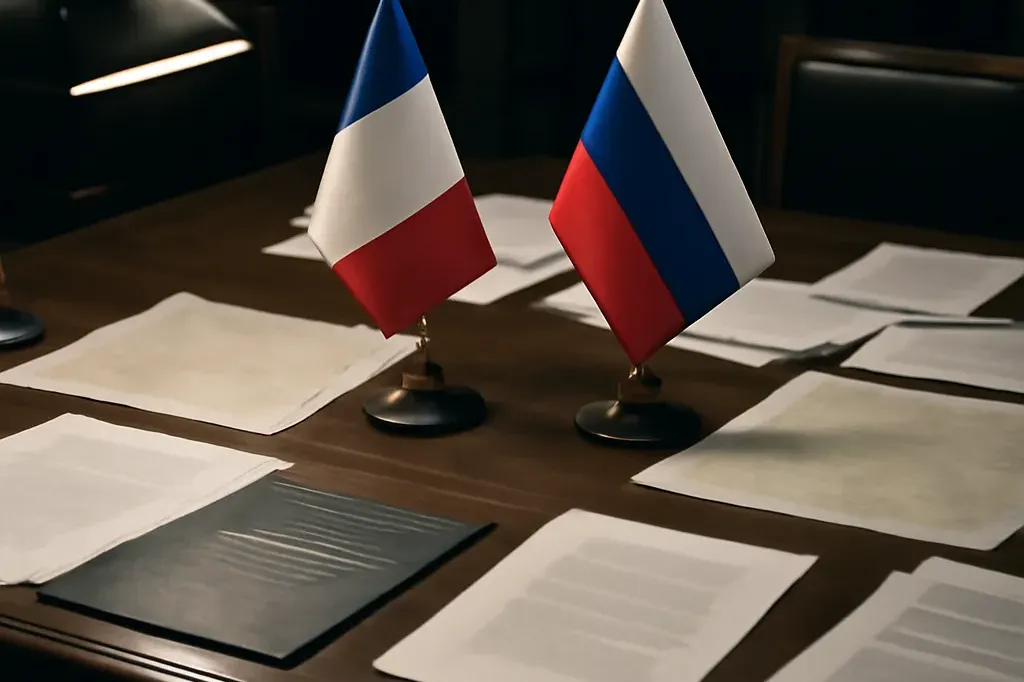 Table de conférence diplomatique avec cartes, documents et drapeaux français et russes, lumière de bureau, style photographie documentaire sobre.