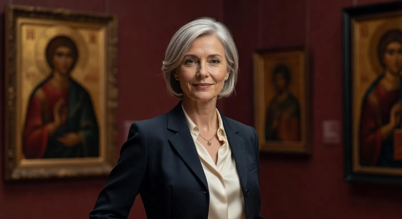 Portrait éditorial d'une conservatrice française spécialiste de l'art byzantin et des icônes russes, dans une galerie de musée.