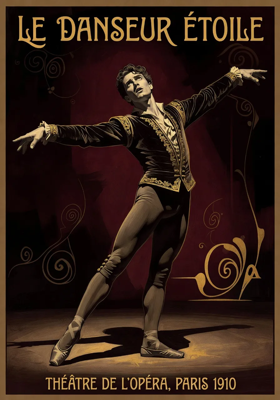 Portrait expressif d'un danseur en costume de ballet des années 1910, posture statuesque, fond dramatique sombre bordeaux, style affiche Belle Époque.