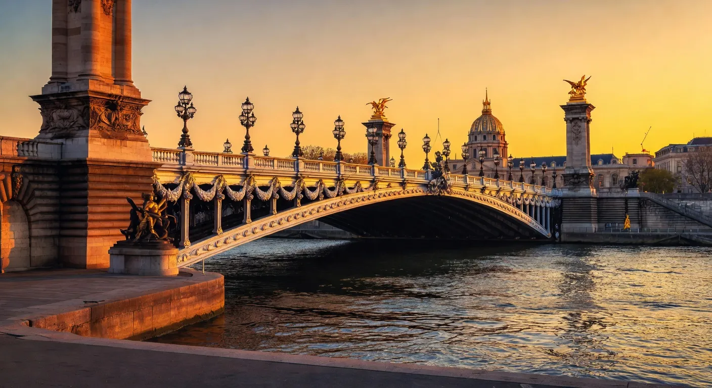 Pont Alexandre III à Paris au coucher du soleil, statues dorées et lampadaires Belle Époque, dôme des Invalides en arrière-plan.