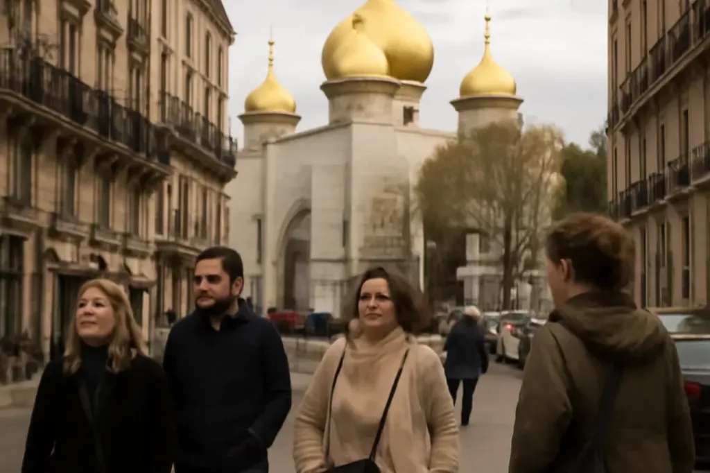 Quartier parisien avec une église orthodoxe aux dômes dorés visible dans la rue, passants en vêtements contemporains, mélange de patrimoine historique et de vie moderne.