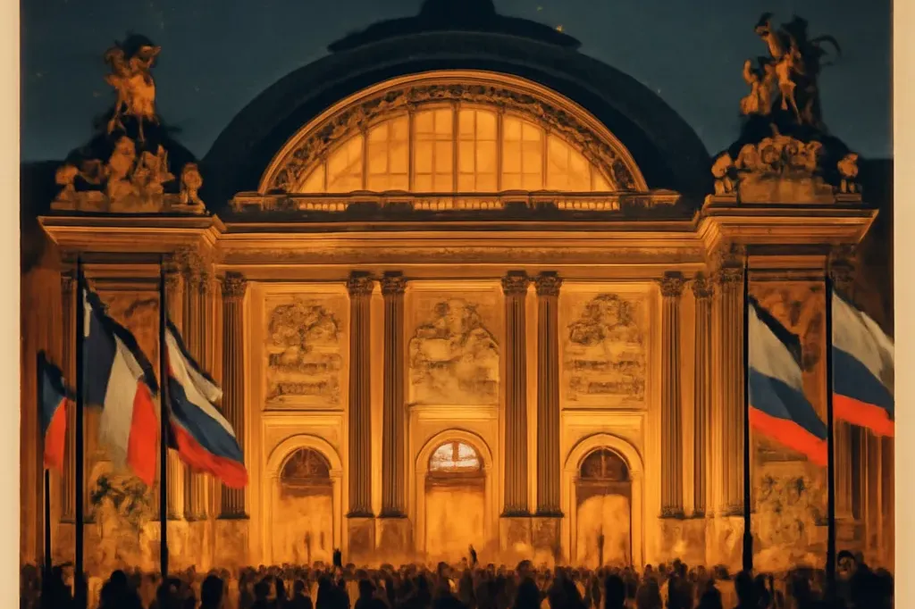 Grand palais parisien vu de nuit illuminé en rouge et or, drapeaux français et russes, foule devant l'entrée, affiche d'exposition style années 2010.