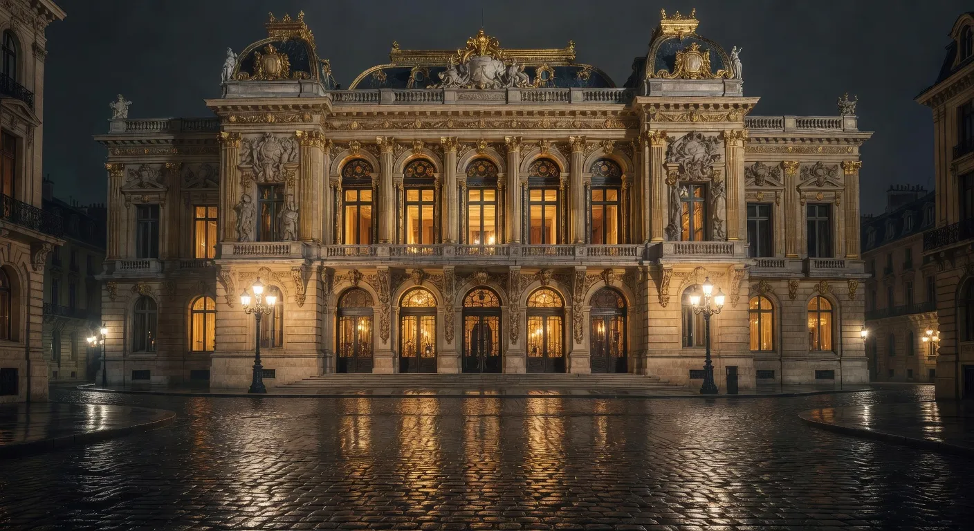 Grand opéra français du XIX° siècle illuminé la nuit, façade ornée de dorures, reflets sur pavés mouillés, atmosphère lyrique et raffinée.