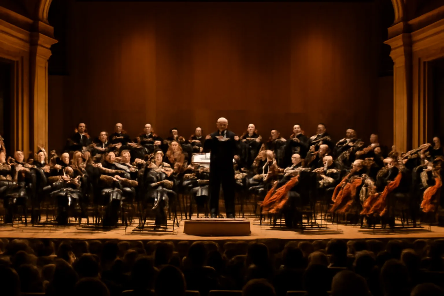 Interieur de la salle Pleyel eclairee, orchestre symphonique en ceremonie d'ouverture, public en ovation.