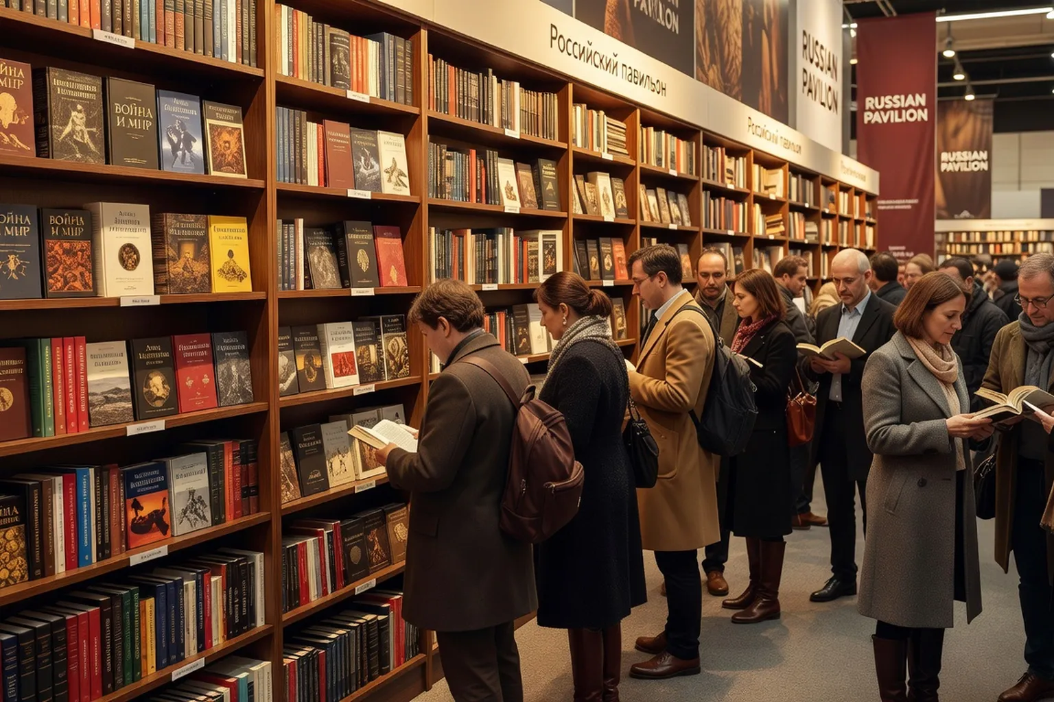 Salon du livre de Paris avec stand russe, livres en russe et francais alignes, visiteurs en rencontre litteraire.