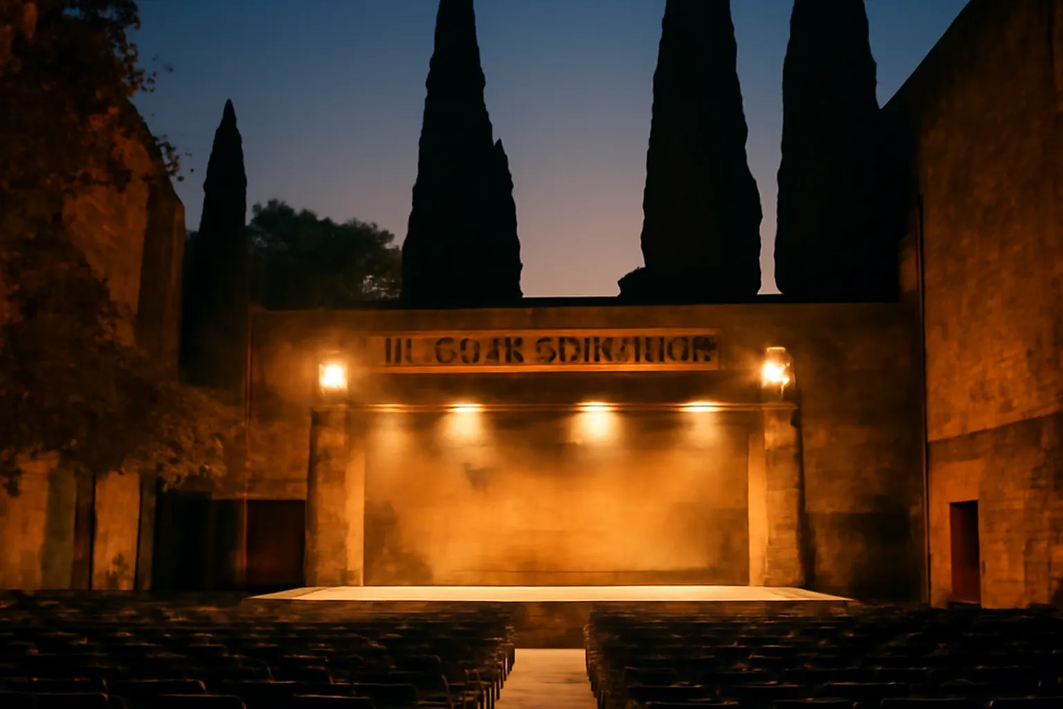 Cour du theatre de l'Archeveche a Aix-en-Provence, soiree d'ete, public attendant le concert, lumiere de fin de journee mediterraneenne.