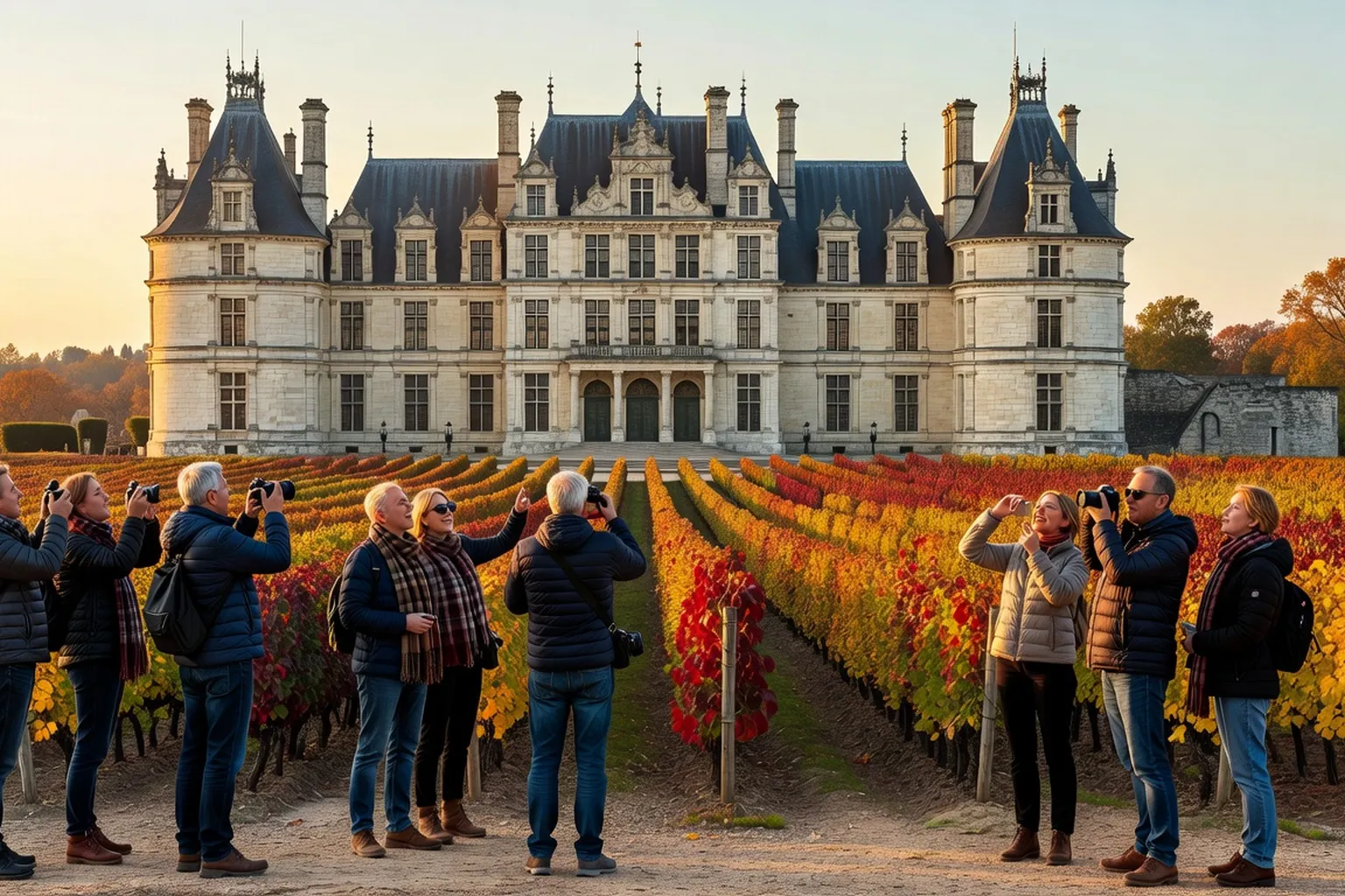 Paysage du sud de la France avec couples russes en visite touristique, automne dore, chateau de la Loire en arriere-plan.